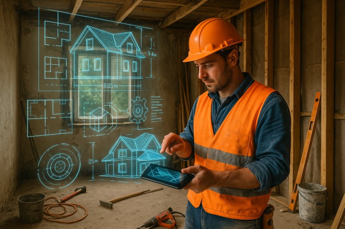 Das Team von HM Sanierung bespricht Sanierungspläne mit KI-generierten Modellen auf einem Tablet.